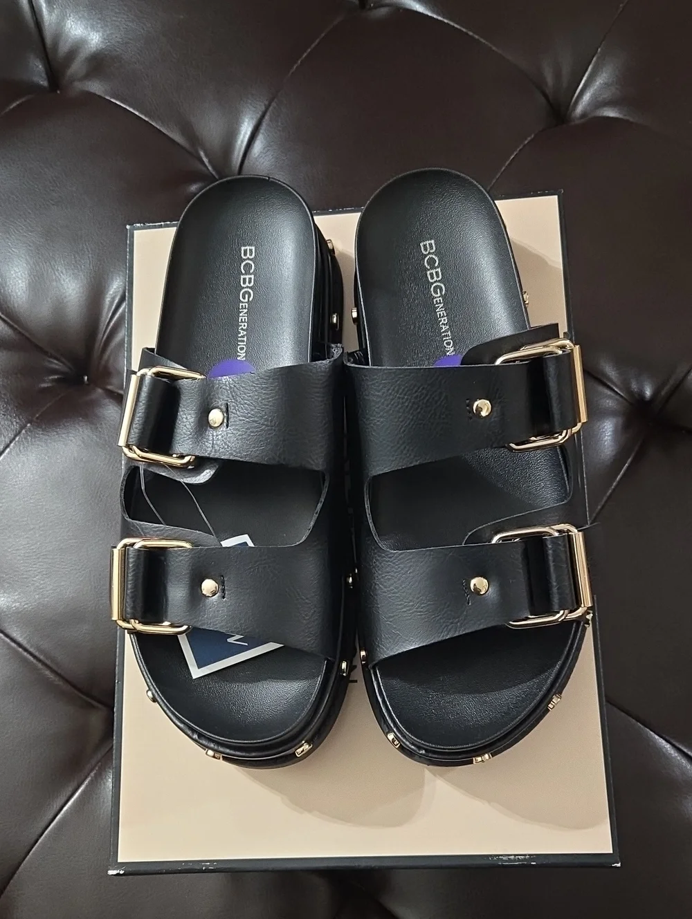 BCBGeneration Black Dual Buckle Slide Sandals with Gold Hardware